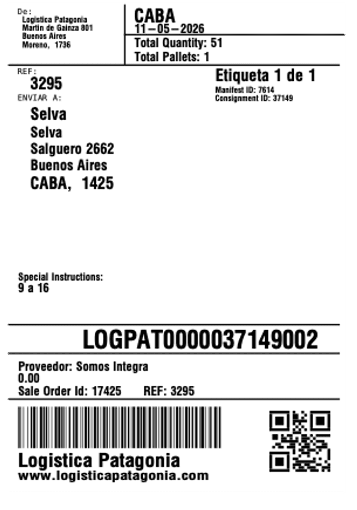 Etiqueta de consignment de Logística Patagonia con origen, destino, instrucciones, barcode y QR.