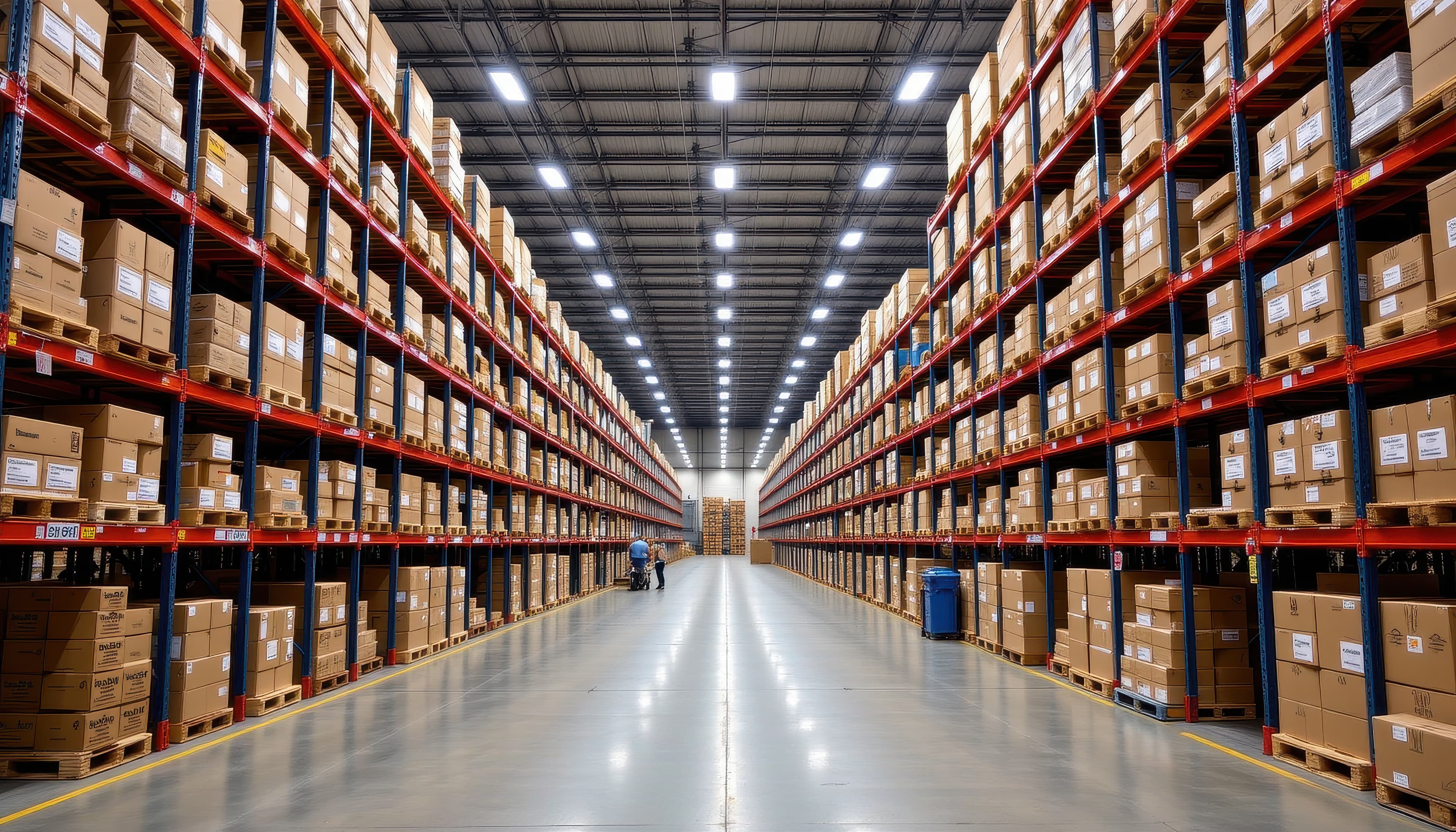 Pasillos del depósito de Logística Patagonia con racks de estantería selectiva