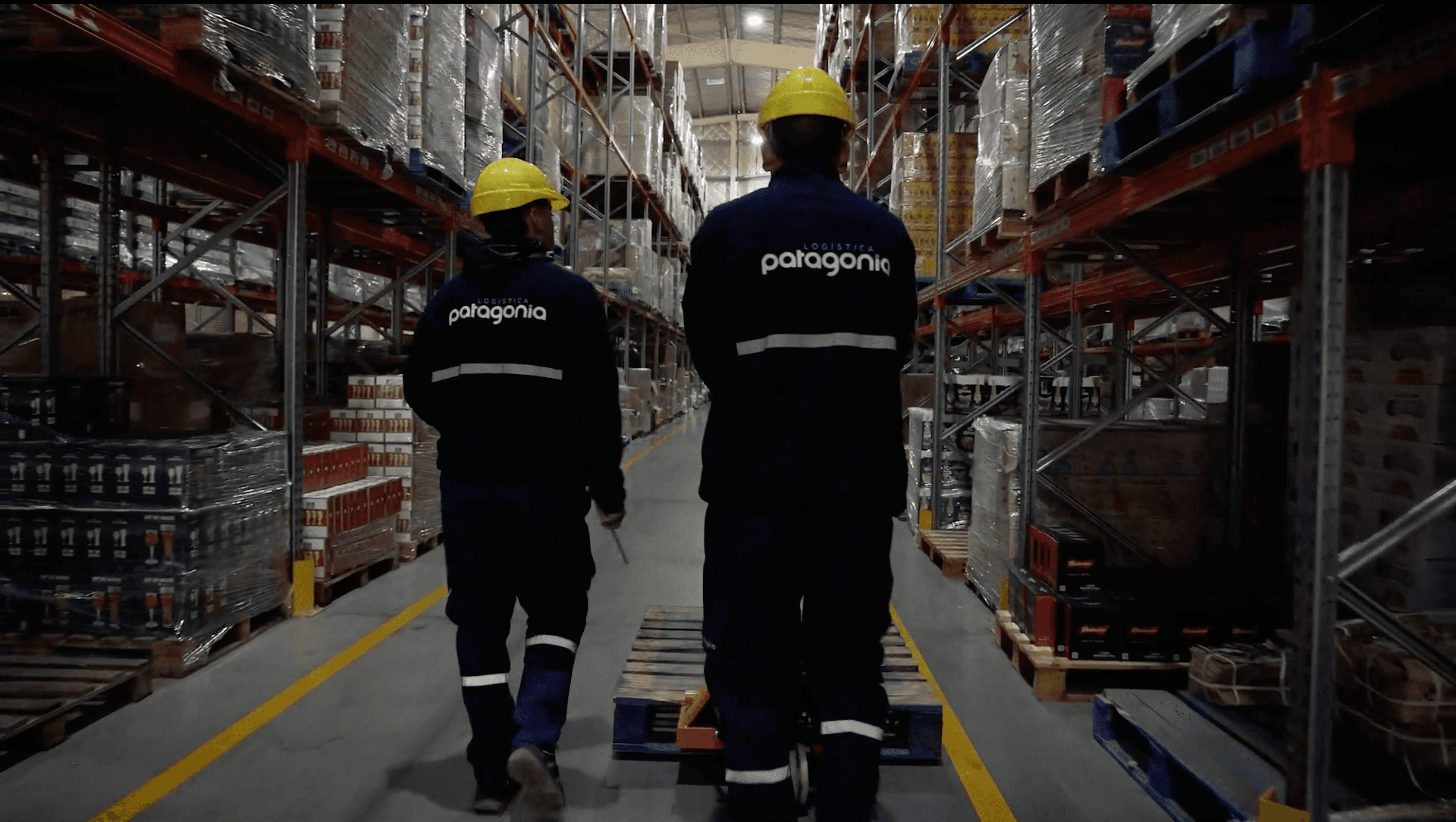 Equipo de Logística Patagonia con uniforme branded caminando un pasillo del depósito